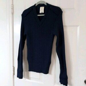 Military Equipment V Neck Men's Sweater 44” Blue Virgin Wool Made In Britain